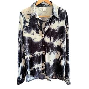FIND ME NOW | helene Blue White Tie Dye Plisse Pleated Velvet Shirt BNWOT Large